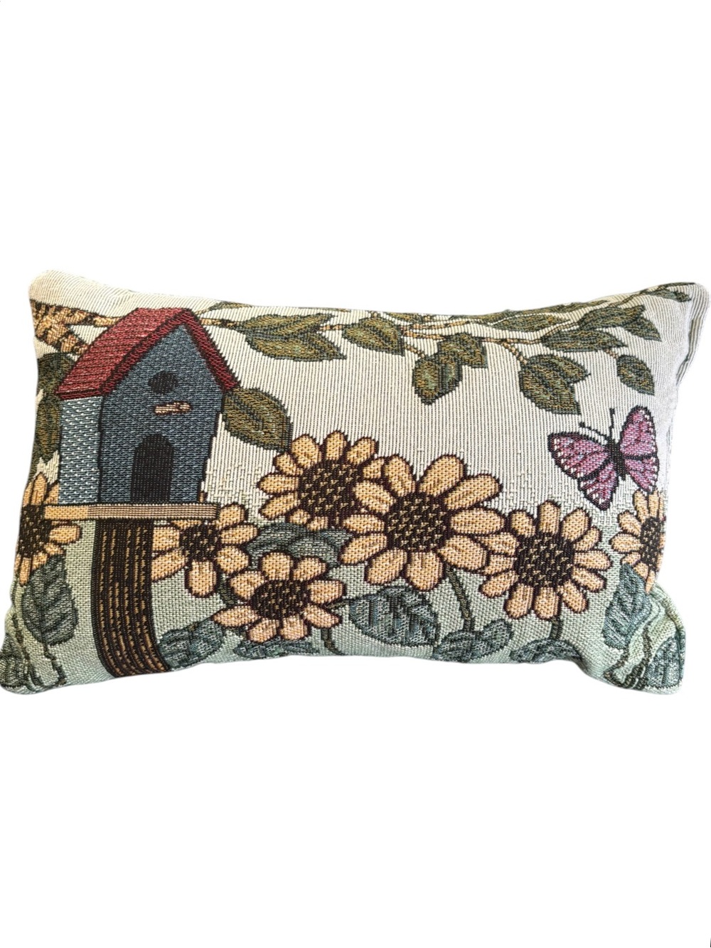 VTG Birdhouse Sunflower Tapestry Accent Pillow Solid Back 11X7 Cottagecore
